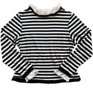 Suzy Shier Navy & White Striped Long Sleeve with Eyelet Lace Trim